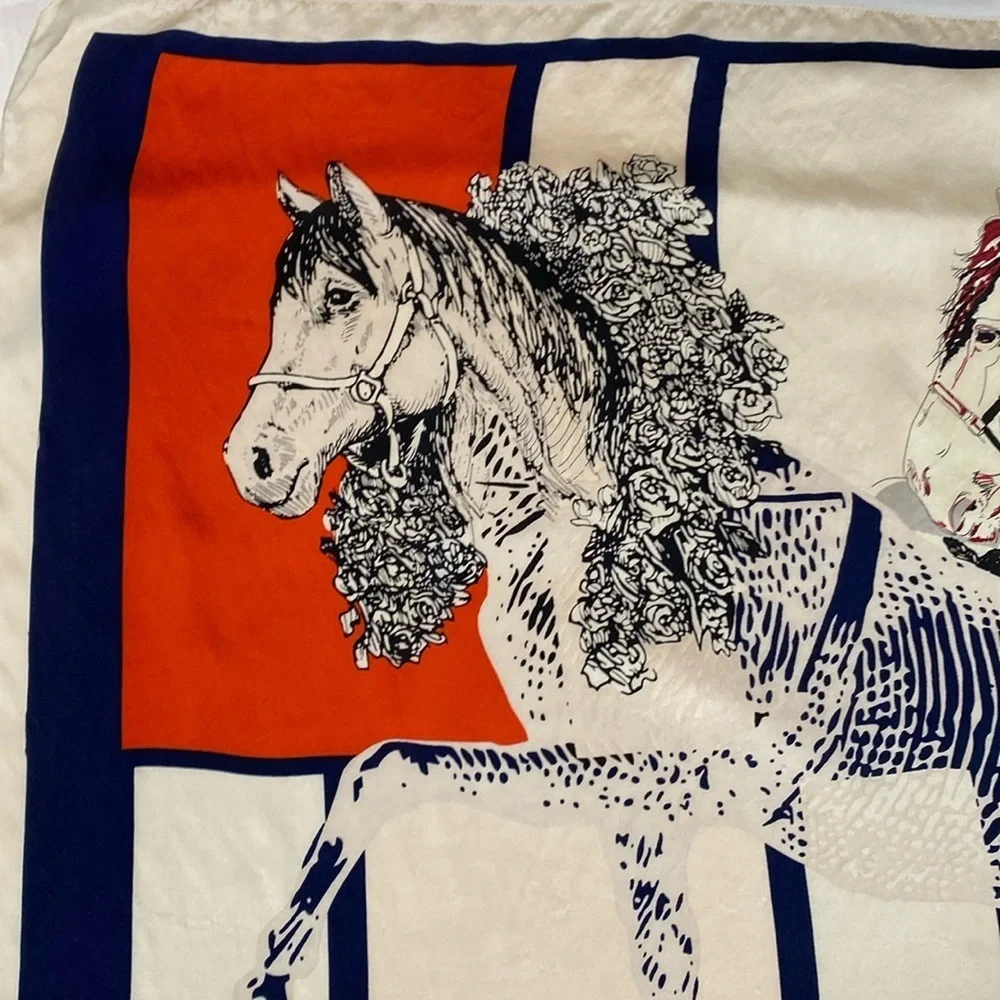 Equestrian Print Scarf Navy Blue Red Cream 33